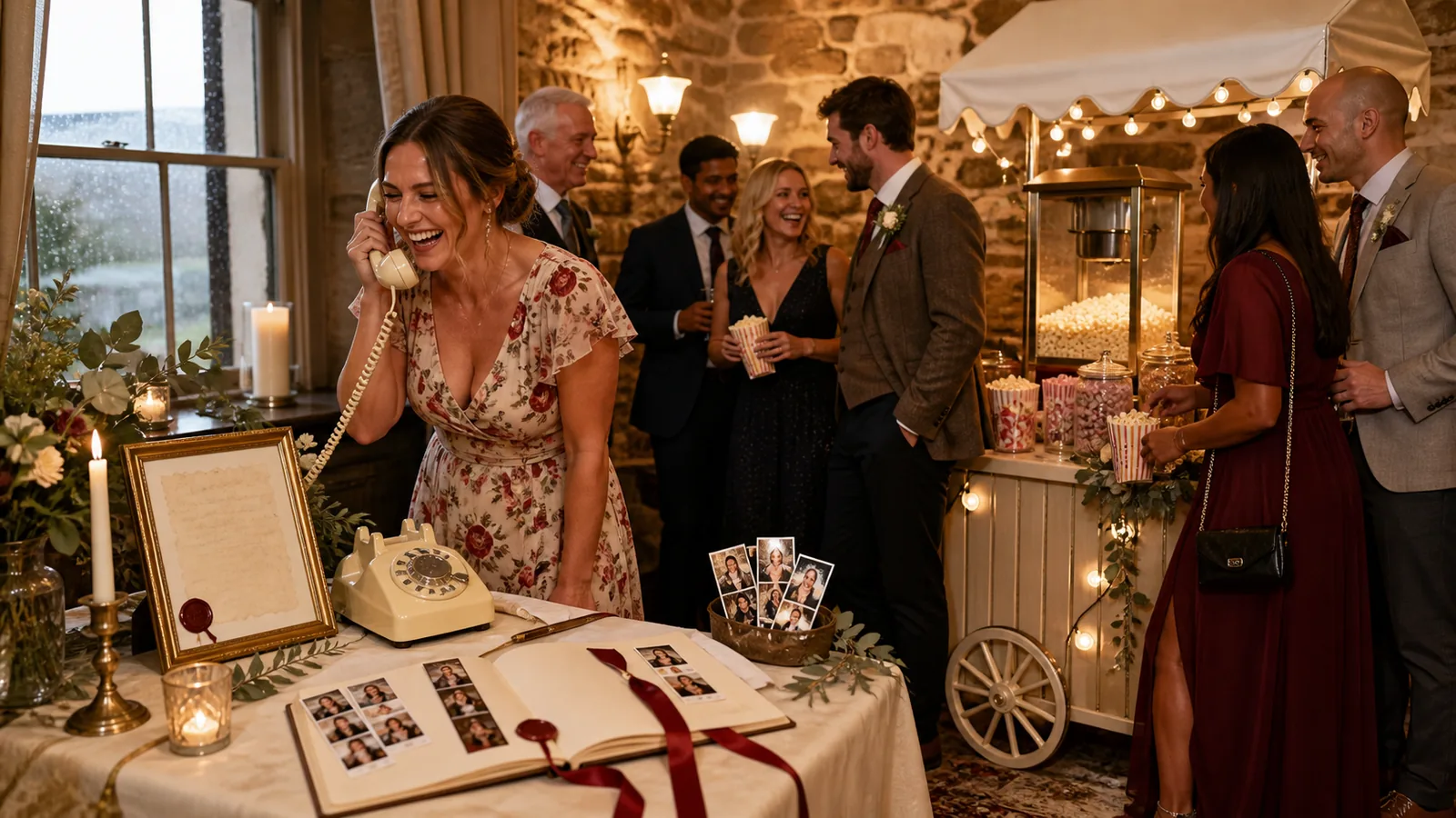 Illustrative wedding add-on scene with a vintage audio guestbook phone, popcorn cart, sweets and photo strips.