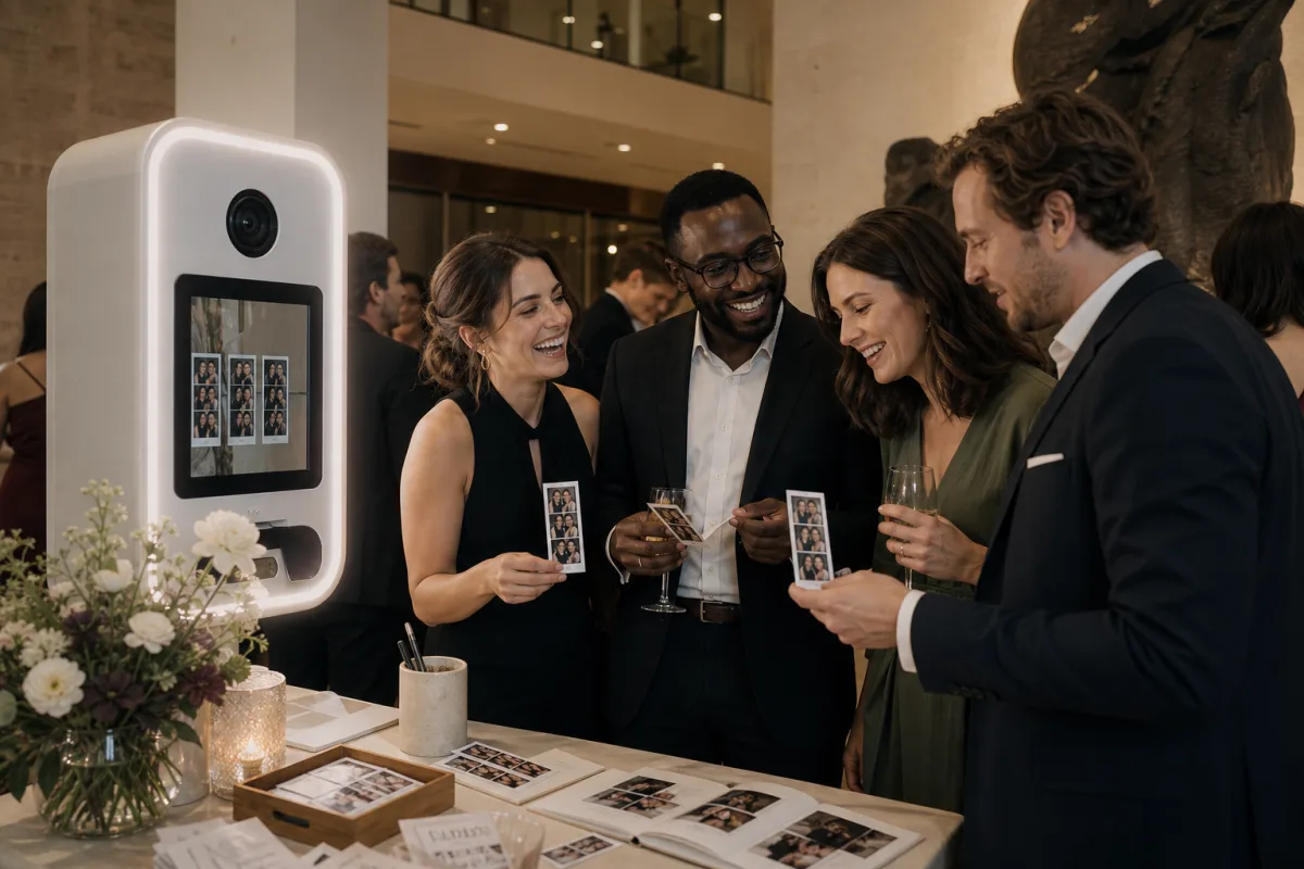 Illustrative corporate event scene with guests collecting branded-style photo booth strips at a polished event.