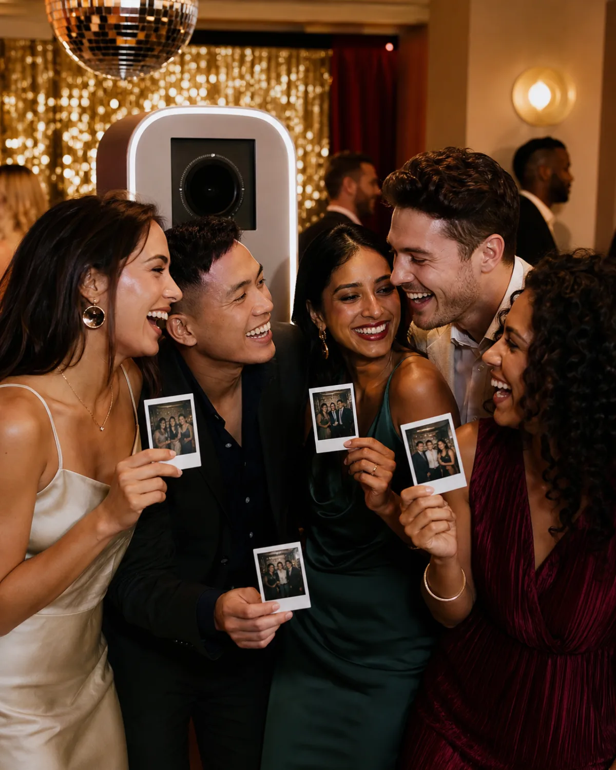 Illustrative adult birthday party scene with friends laughing and holding instant prints.