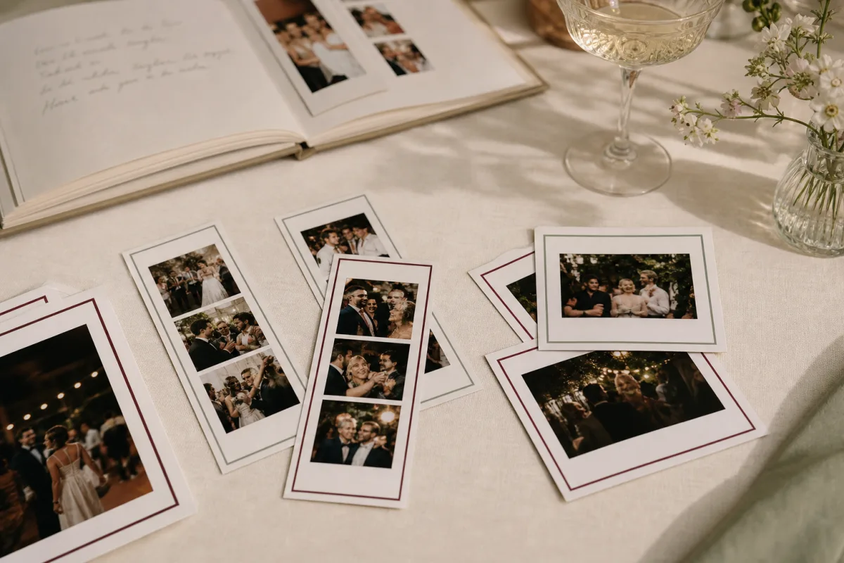 Illustrative close-up of photo booth strips, square prints and a guestbook on an ivory event table.