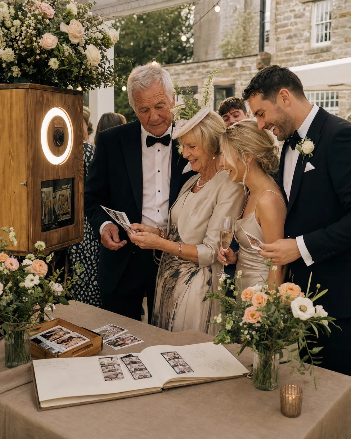 Illustrative country wedding scene with older relatives and wedding guests looking at instant photo booth prints.